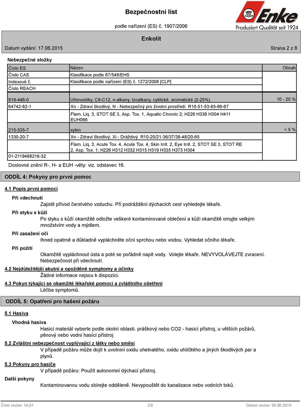 Flam. Liq. 3, STOT SE 3, Asp. Tox. 1, Aquatic Chronic 2; H226 H336 H304 H411 EUH066 215-535-7 xylen < 5 % 1330-20-7 01-2119488216-32 Doslovné znění R-, H- a EUH -věty: viz. odstavec 16.