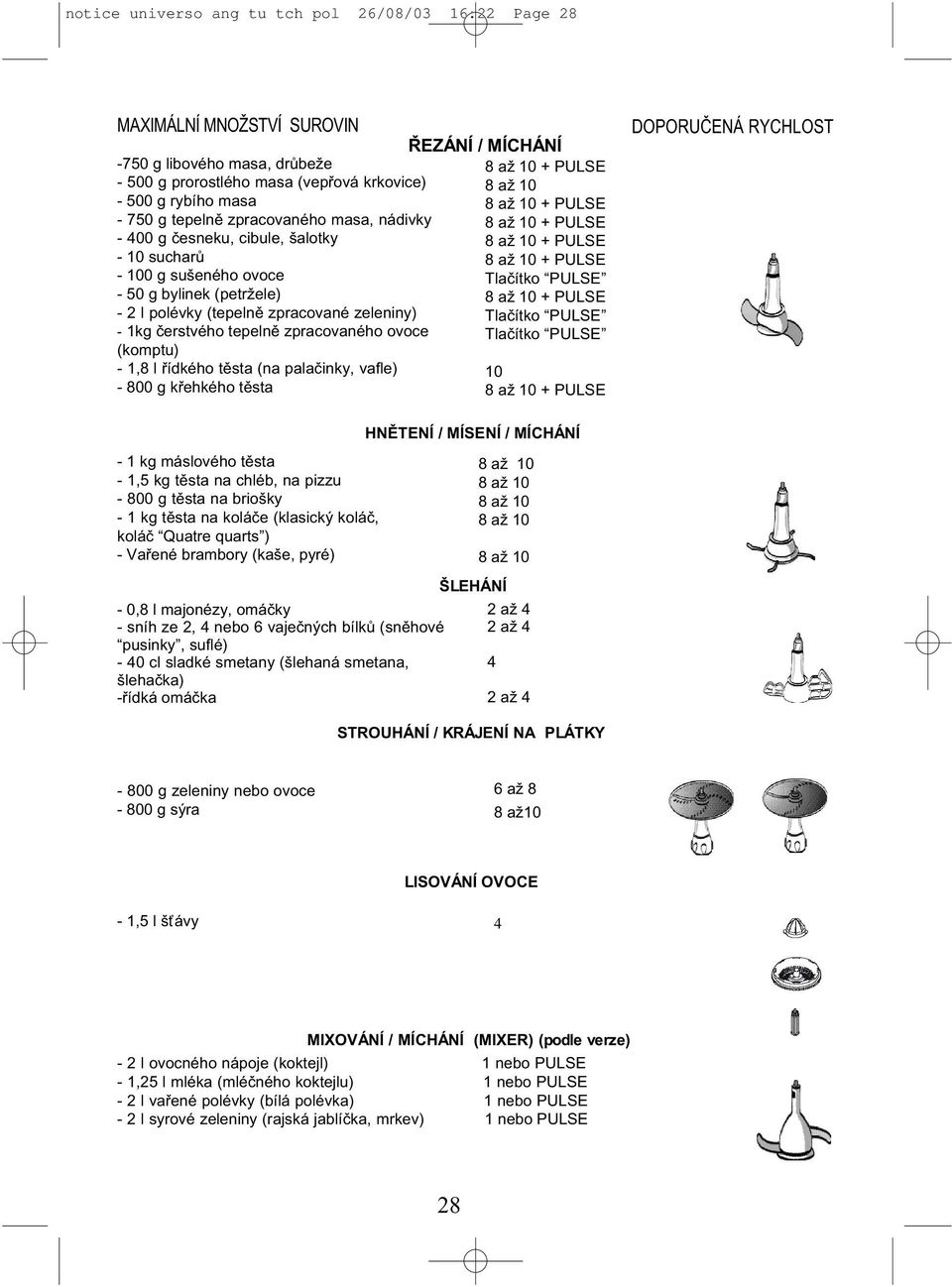 zpracovaného ovoce (komptu) - 1,8 l řídkého těsta (na palačinky, vafle) - 800 g křehkého těsta ŘEZÁNÍ / MÍCHÁNÍ 8 až 10 + PULSE 8 až 10 8 až 10 + PULSE 8 až 10 + PULSE 8 až 10 + PULSE 8 až 10 + PULSE