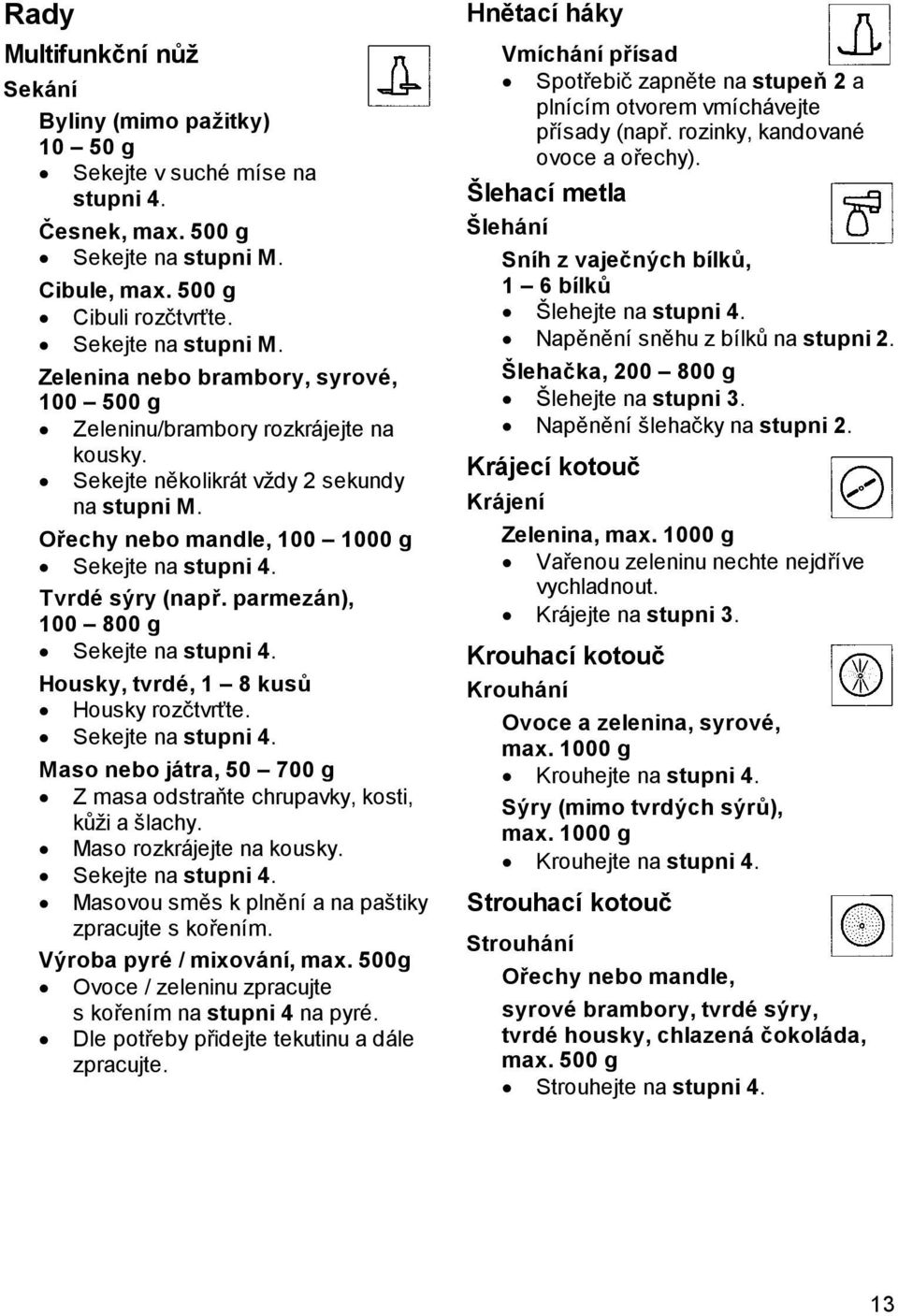 parmezán), 100 800 g Sekejte na stupni 4. Housky, tvrdé, 1 8 kusů Housky rozčtvrťte. Sekejte na stupni 4. Maso nebo játra, 50 700 g Z masa odstraňte chrupavky, kosti, kůži a šlachy.