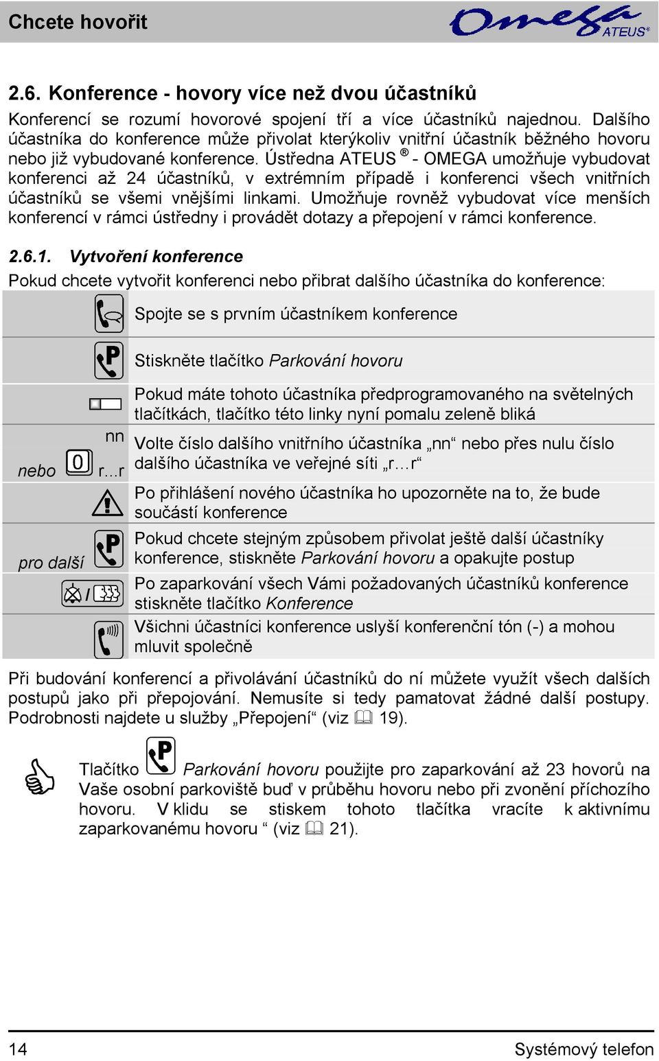 Ústředna ATEUS - OMEGA umožňuje vybudovat konferenci až 24 účastníků, v extrémním případě i konferenci všech vnitřních účastníků se všemi vnějšími linkami.