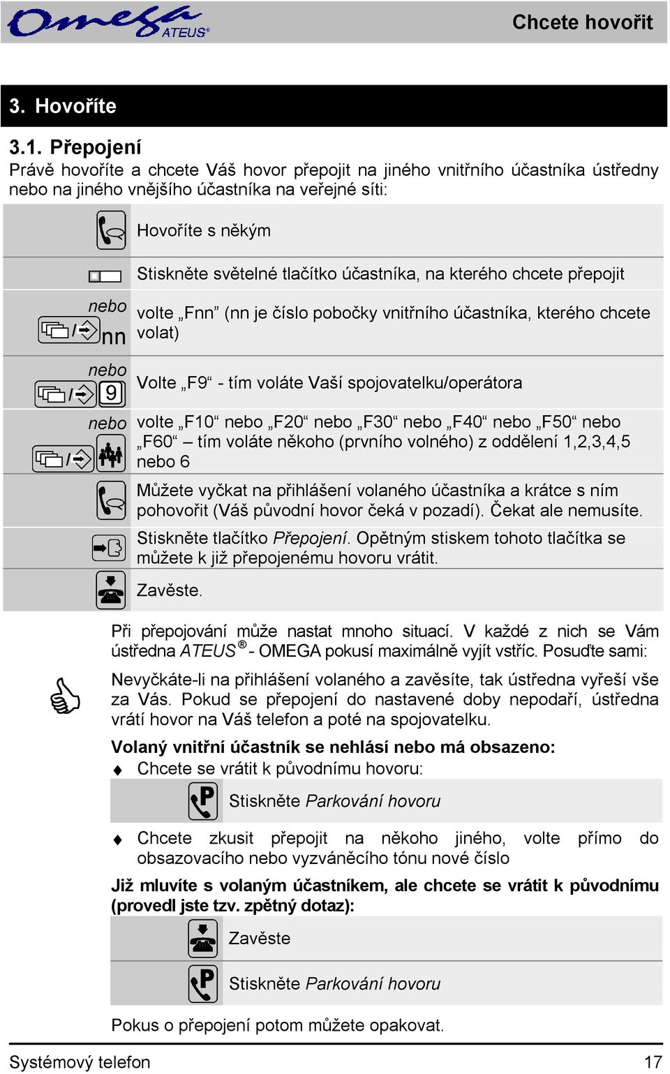 kterého chcete přepojit nn volte Fnn (nn je číslo pobočky vnitřního účastníka, kterého chcete volat) Volte F9 - tím voláte Vaší spojovatelku/operátora volte F10 F20 F30 F40 F50 F60 tím voláte někoho