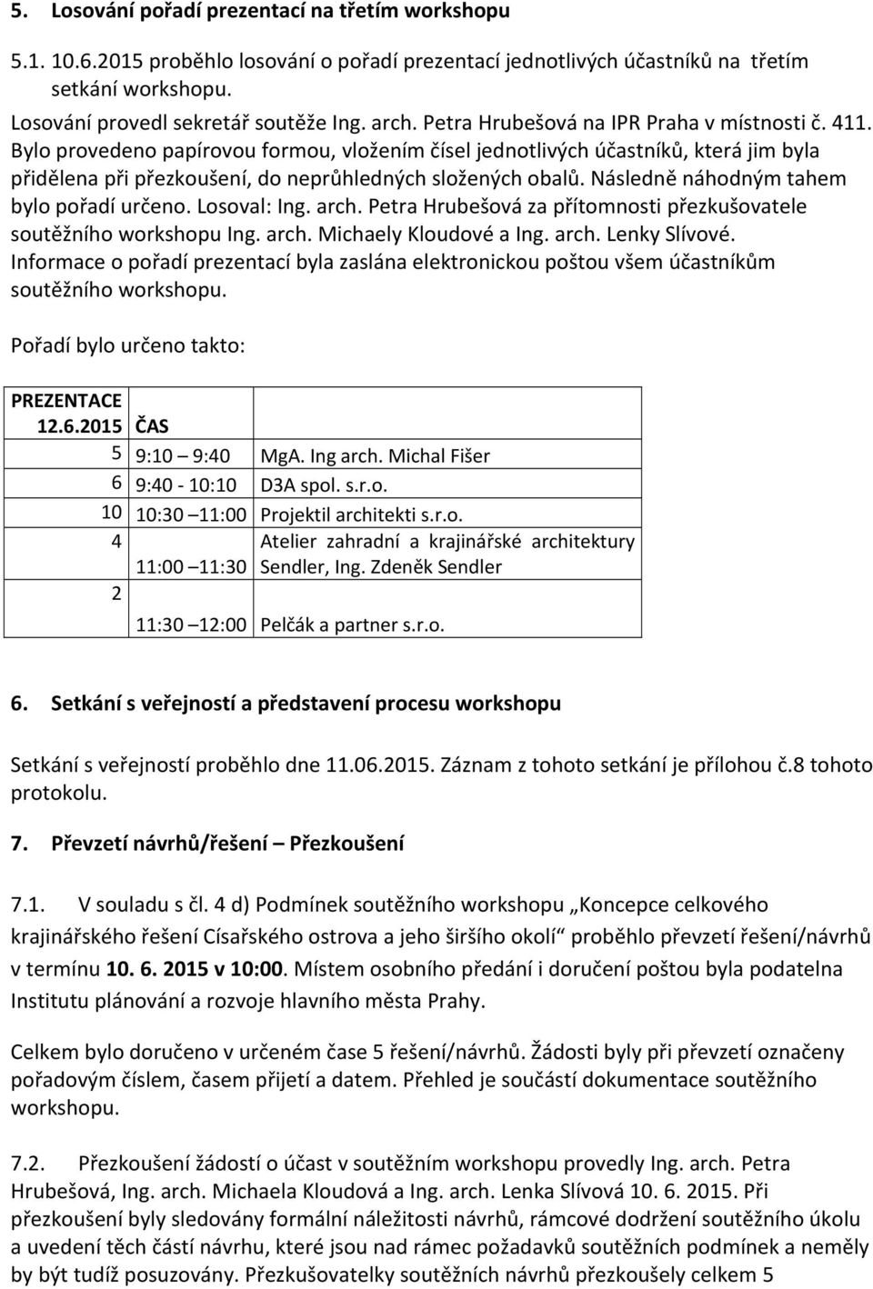 Následně náhodným tahem bylo pořadí určeno. Losoval: Ing. arch. Petra Hrubešová za přítomnosti přezkušovatele soutěžního workshopu Ing. arch. Michaely Kloudové a Ing. arch. Lenky Slívové.