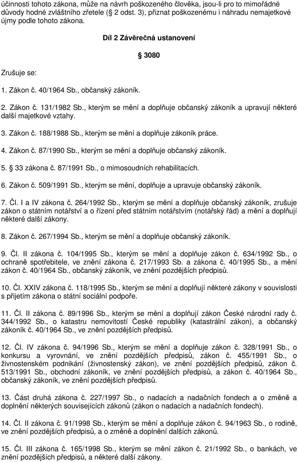 3. Zákon č. 188/1988 Sb., kterým se mění a doplňuje zákoník práce. 4. Zákon č. 87/1990 Sb., kterým se mění a doplňuje občanský zákoník. 5. 33 zákona č. 87/1991 Sb., o mimosoudních rehabilitacích. 6.