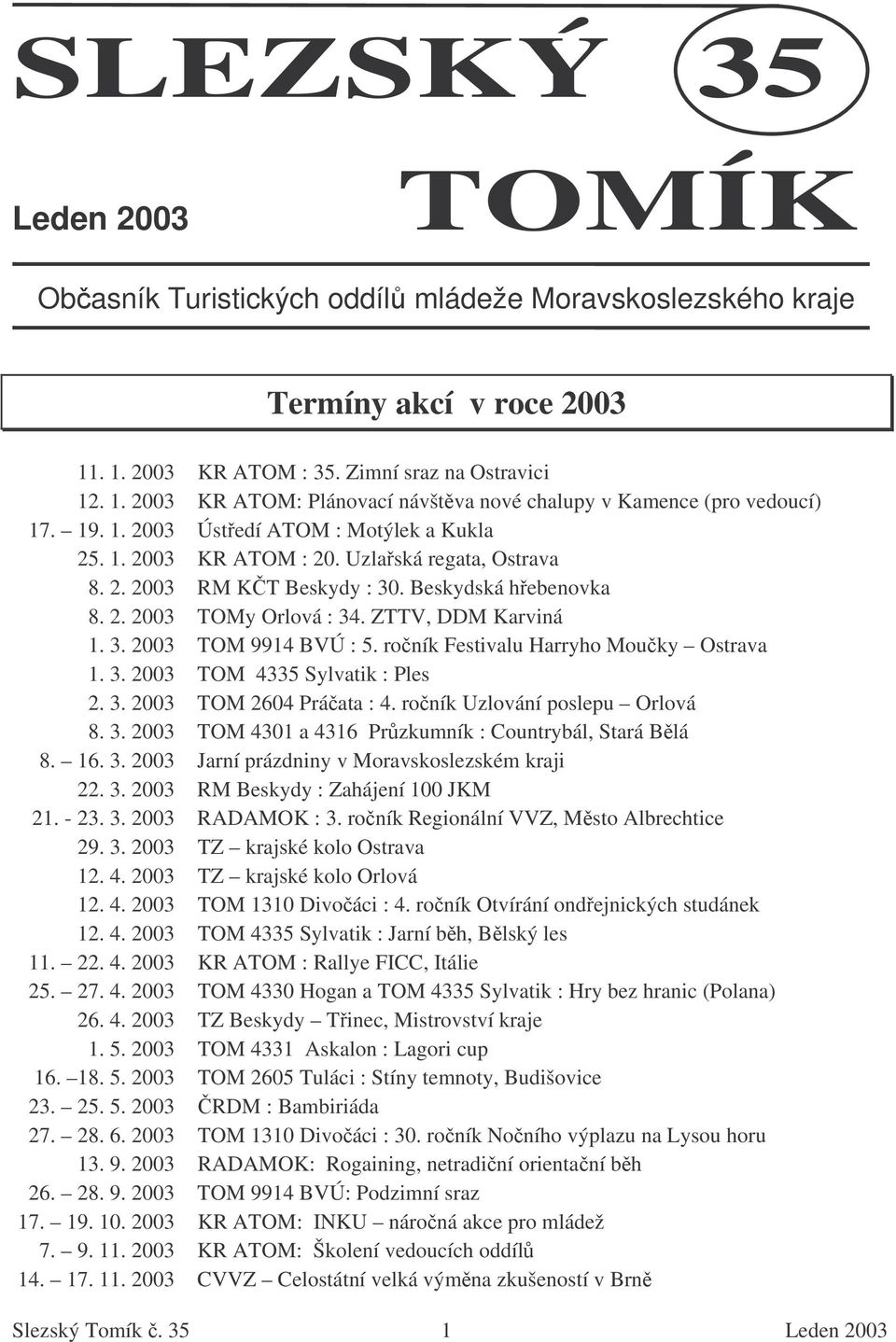 roník Festivalu Harryho Mouky Ostrava 1. 3. 2003 TOM 4335 Sylvatik : Ples 2. 3. 2003 TOM 2604 Práata : 4. roník Uzlování poslepu Orlová 8. 3. 2003 TOM 4301 a 4316 Przkumník : Countrybál, Stará Blá 8.