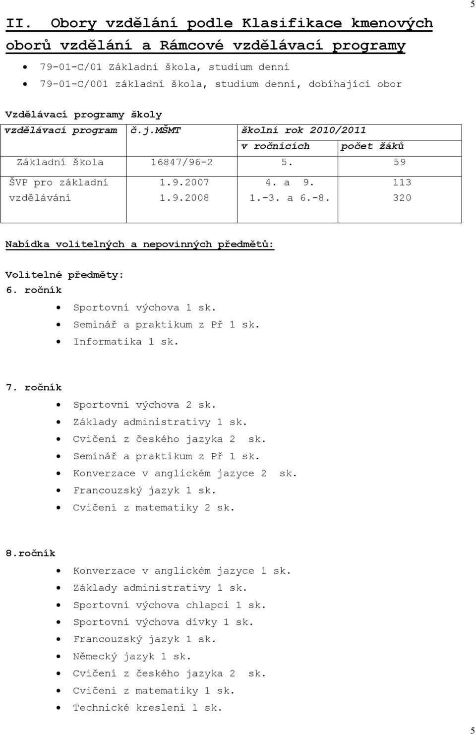 -8. 320 Nabídka volitelných a nepovinných předmětů: Volitelné předměty: 6. ročník Sportovní výchova 1 sk. Seminář a praktikum z Př 1 sk. Informatika 1 sk. 7. ročník Sportovní výchova 2 sk.