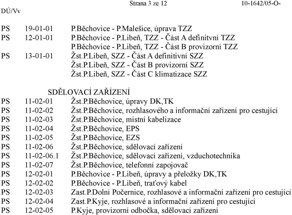 P.Běchovice, místní kabelizace PS 11-02-04 Žst.P.Běchovice, EPS PS 11-02-05 Žst.P.Běchovice, EZS PS 11-02-06 Žst.P.Běchovice, sdělovací zařízení PS 11-02-06.1 Žst.P.Běchovice, sdělovací zařízení, vzduchotechnika PS 11-02-07 Žst.