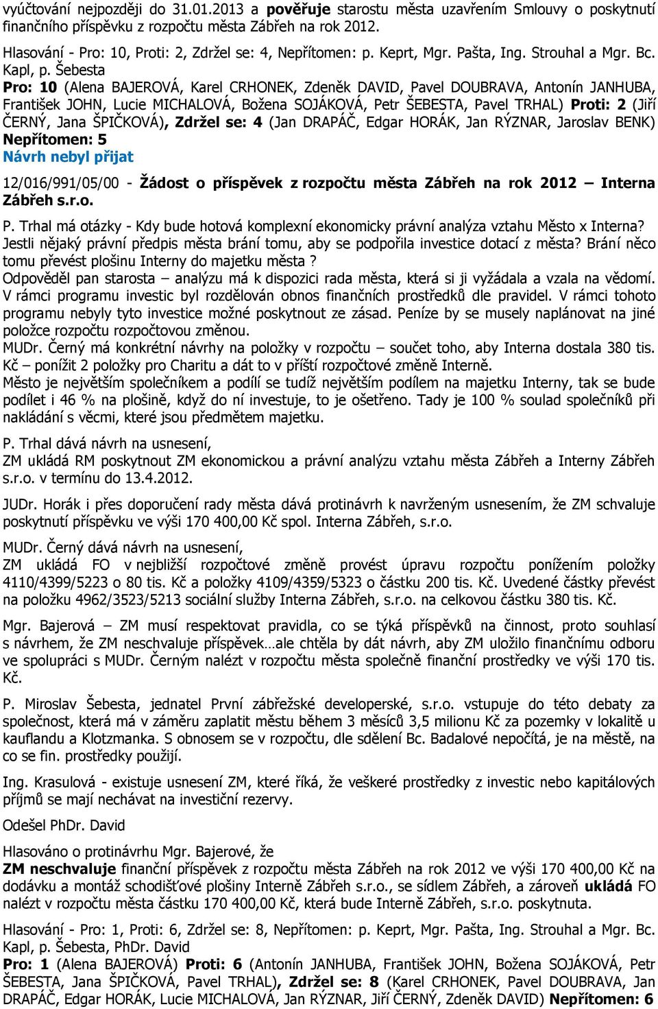 Pro: 10 (Alena BAJEROVÁ, Karel CRHONEK, Zdeněk DAVID, Pavel DOUBRAVA, Antonín JANHUBA, František JOHN, Lucie MICHALOVÁ, Božena SOJÁKOVÁ, Petr ŠEBESTA, Pavel TRHAL) Proti: 2 (Jiří ČERNÝ, Jana