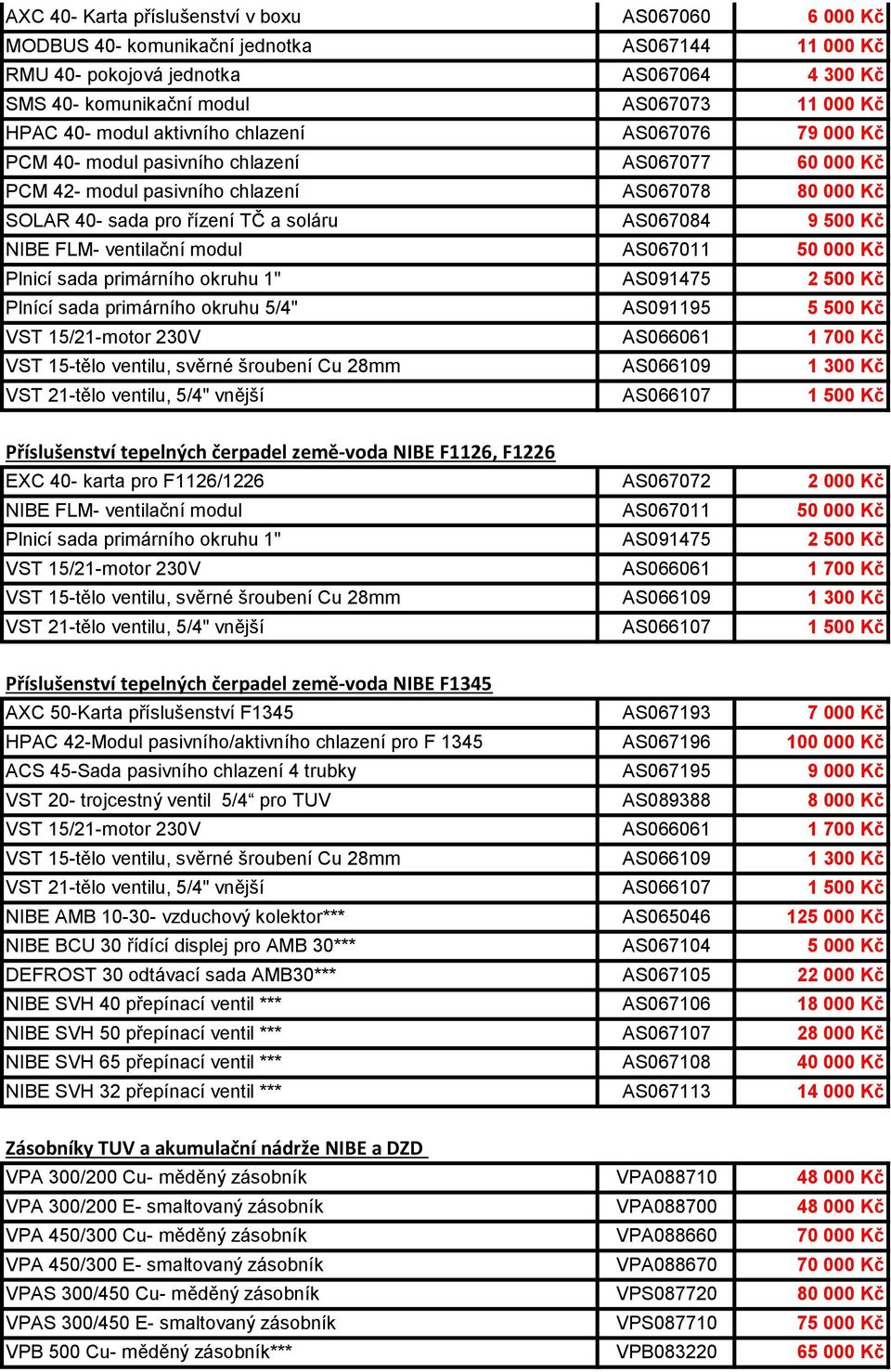 9 500 Kč NIBE FLM- ventilační modul AS067011 50 000 Kč Plnicí sada primárního okruhu 1" AS091475 2 500 Kč Plnící sada primárního okruhu 5/4" AS091195 5 500 Kč VST 15-tělo ventilu, svěrné šroubení Cu