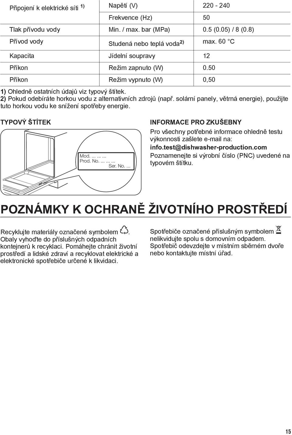 2) Pokud odebíráte horkou vodu z alternativních zdrojů (např. solární panely, větrná energie), použijte tuto horkou vodu ke snížení spotřeby energie. TYPOVÝ ŠTÍTEK Mod.......... Prod. No.......... Ser.