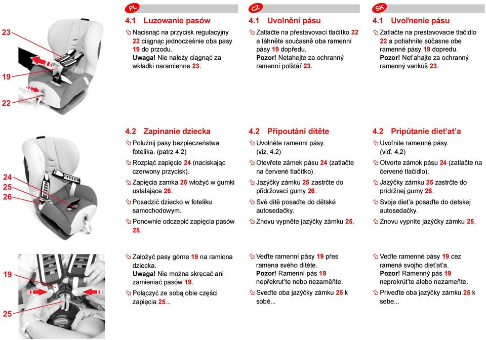 Net ahajte za ochranný ramenný vankúš 23. 4.2 Zapinanie dziecka Poluźnij pasy bezpieczeństwa fotelika. (patrz 4.2) Rozpiąć zapięcie 24 (naciskając czerwony przycisk).