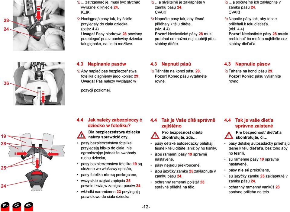 4.4) Pozor! Neelastické pásy 28 musí probíhat co možná nejhlouběji přes slabiny dítěte. a počuteľne ich zaklapnite v zámku pásu 24. CVAK! Napnite pásy tak, aby tesne priliehali k telu diet at a. (viď.