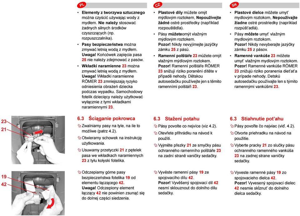 Samochodowy fotelik dziecięcy należy użytkować wyłącznie z tymi wkładkami naramiennymi 23. Plastové díly můžete omýt mýdlovým roztokem, Nepoužívejte žádné ostré prostředky (například rozpouštědla).