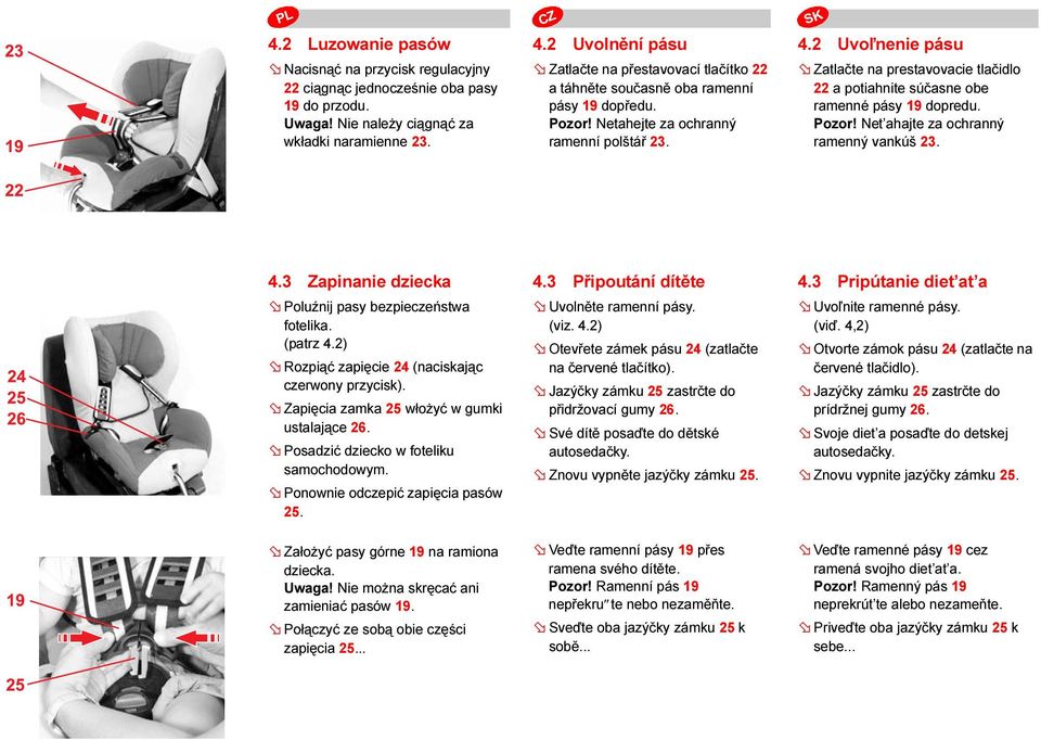 Net ahajte za ochranný ramenný vankúš 23. 4.3 Zapinanie dziecka Poluźnij pasy bezpieczeństwa fotelika. (patrz 4.2) Rozpiąć zapięcie 24 (naciskając czerwony przycisk).