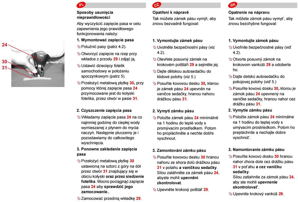 Przełożyć metalową płytkę 30, przy pomocy której zapięcie pasa 24 przymocowane jest do kołyski fotelika, przez otwór w pasie 31. 2. Czyszczenie zapięcia pasa Wkładamy zapięcie pasa 24 na co najmniej godzinę do ciepłej wody wymieszanej z płynem do mycia naczyń.