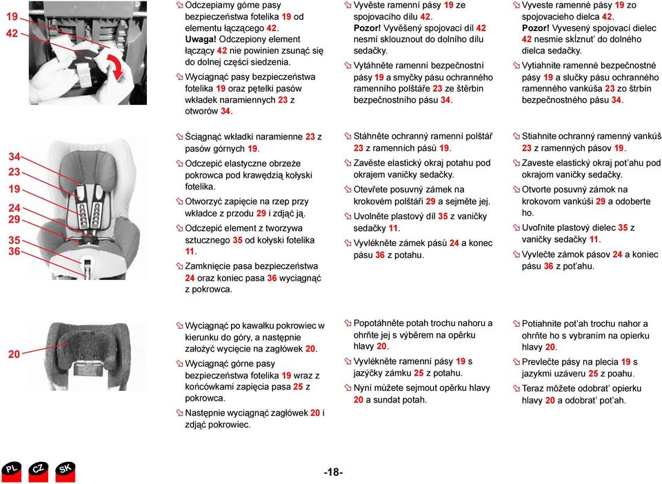 Odczepić elastyczne obrzeże pokrowca pod krawędzią kołyski fotelika. Otworzyć zapięcie na rzep przy wkładce z przodu 29 i zdjąć ją. Odczepić element z tworzywa sztucznego 35 od kołyski fotelika 11.