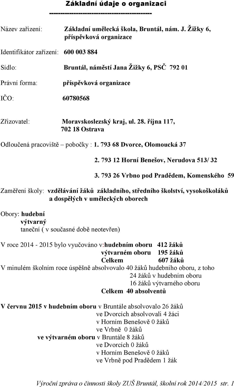 kraj, ul. 28. října 117, 702 18 Ostrava Odloučená pracoviště pobočky : 1. 793 68 Dvorce, Olomoucká 37 2. 793 12 Horní Benešov, Nerudova 513/ 32 3.