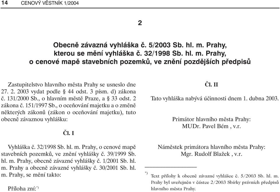 , o oceňování majetku a o změně některých zákonů (zákon o oceňování majetku), tuto obecně závaznou vyhlášku: Čl. I Vyhláška č. 32/1998 Sb. hl. m. Prahy, o cenové mapě stavebních pozemků, ve znění vyhlášky č.