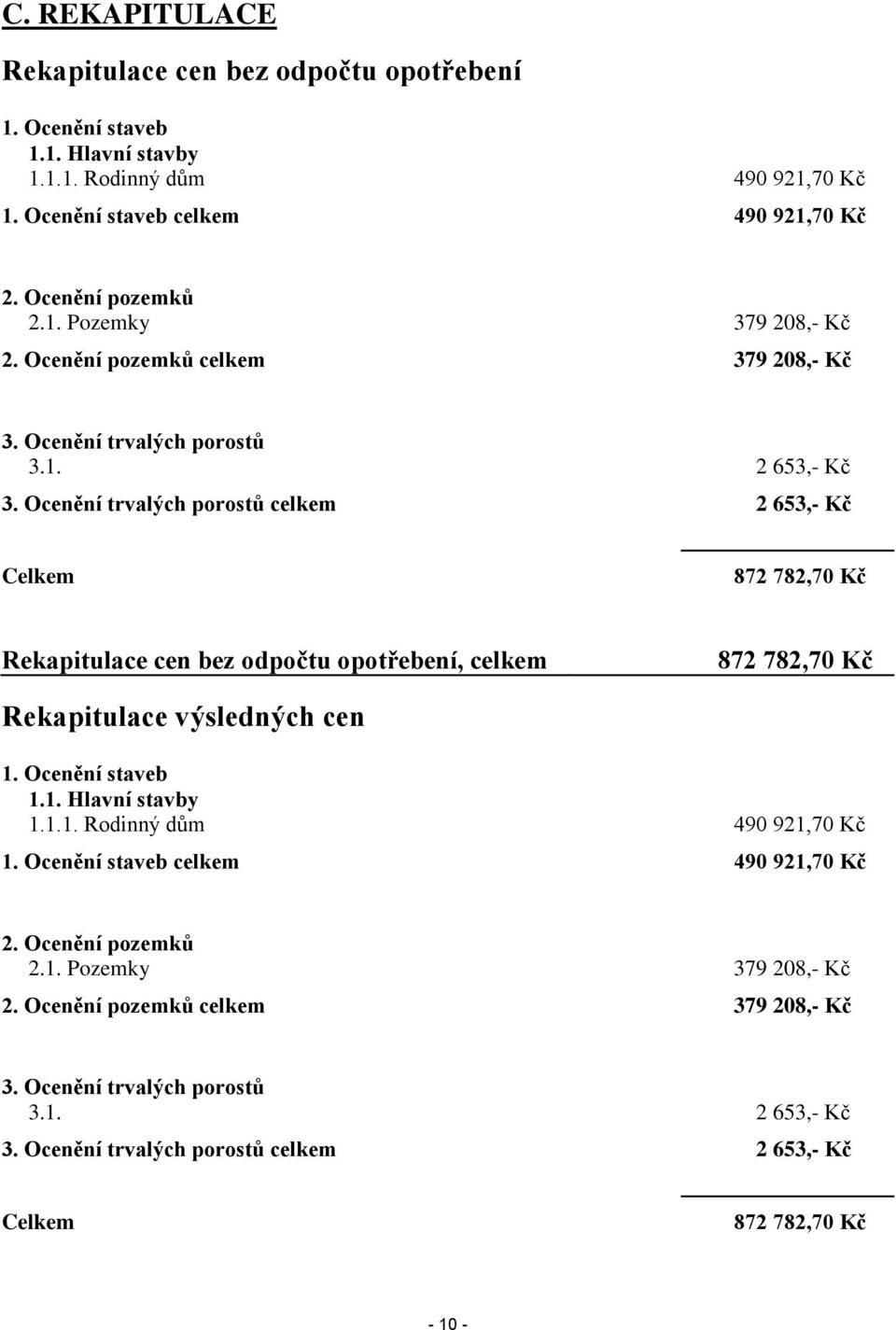 Ocenění trvalých porostů celkem 2 653,- Kč Celkem 872 782,70 Kč Rekapitulace cen bez odpočtu opotřebení, celkem 872 782,70 Kč Rekapitulace výsledných cen 1. Ocenění staveb 1.1. Hlavní stavby 1.