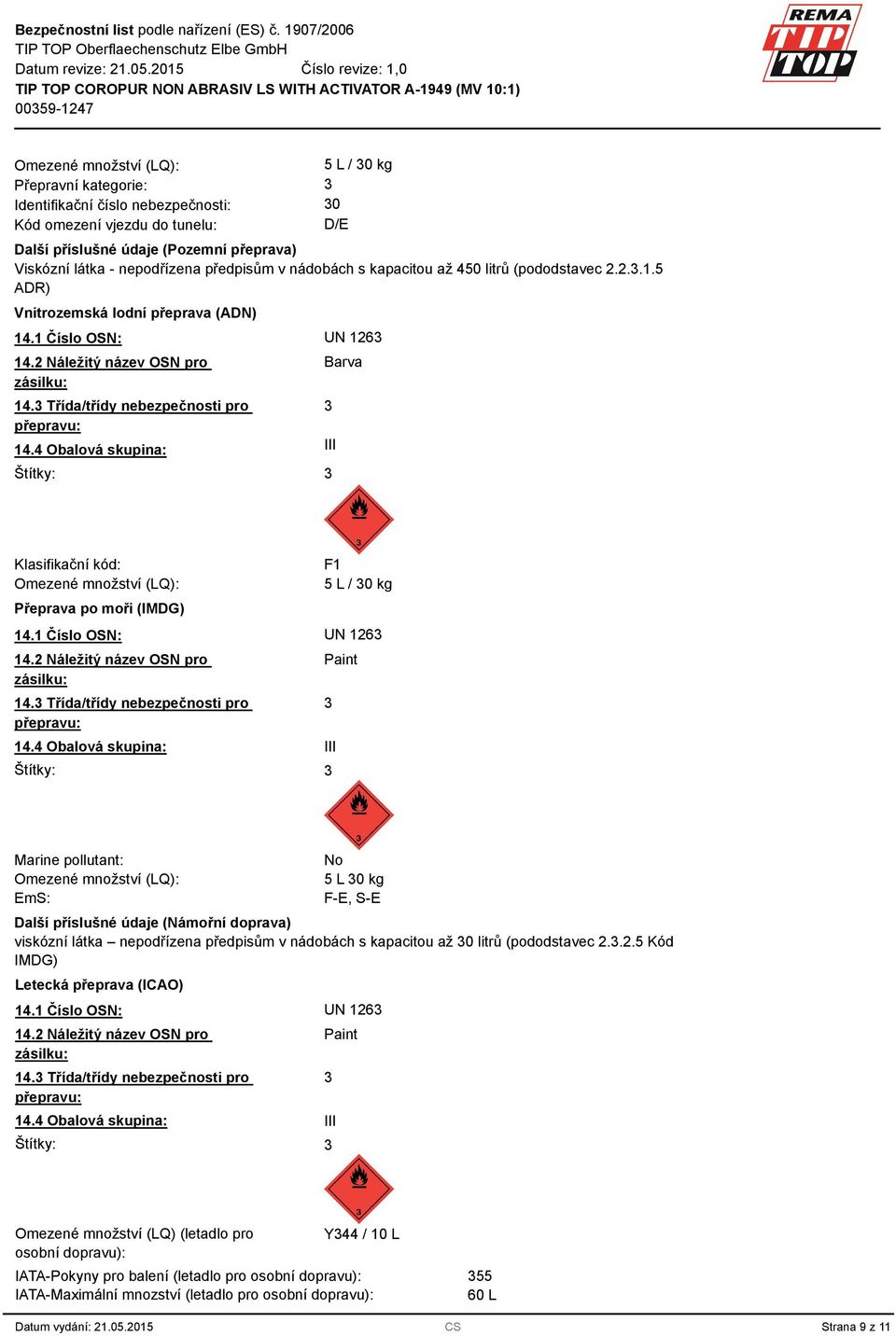 Třída/třídy nebezpečnosti pro přepravu: 14.4 Obalová skupina: III Štítky: Barva Klasifikační kód: Omezené množství (LQ): Přeprava po moři (IMDG) F1 5 L / 0 kg 14.1 Číslo OSN: UN 126 14.