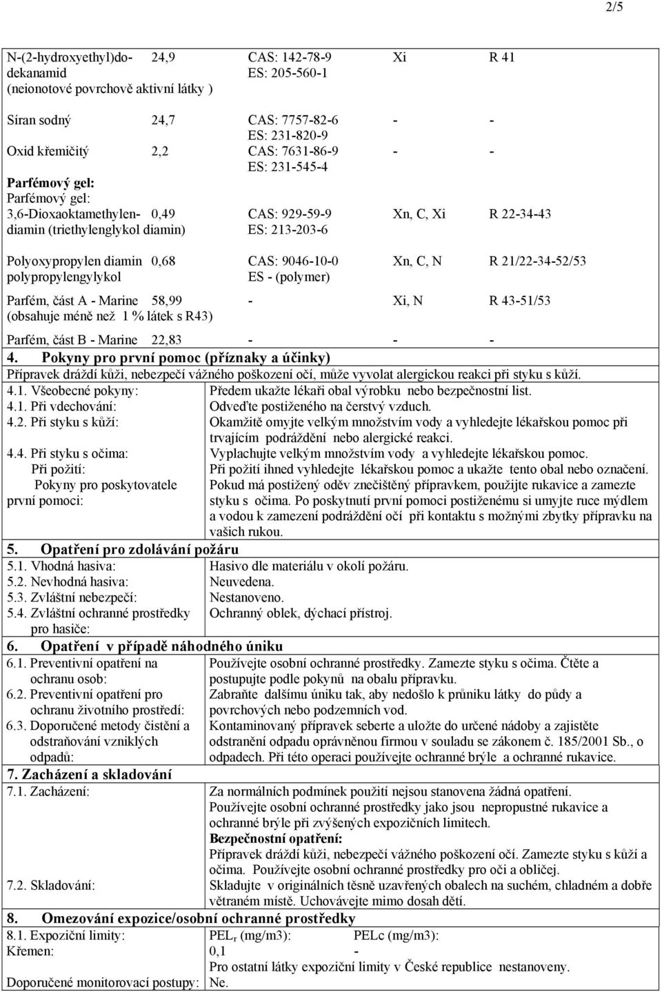 polypropylengylykol ES (polymer) Parfém, část A Marine 58,99 Xi, N R 4351/53 (obsahuje méně než 1 % látek s R43) Parfém, část B Marine 22,83 4.