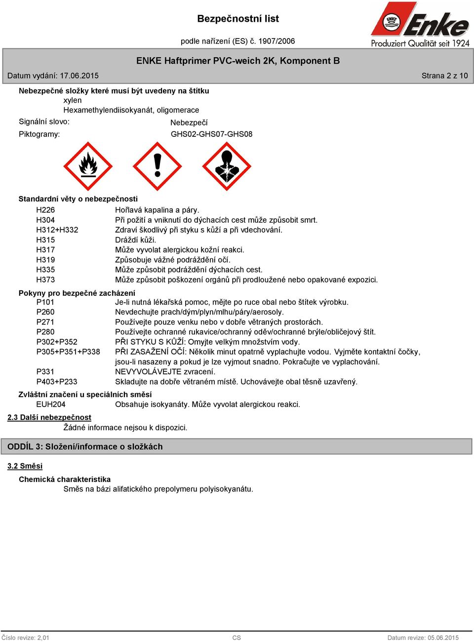 nebezpečnosti H226 Hořlavá kapalina a páry. H304 Při požití a vniknutí do dýchacích cest může způsobit smrt. H312+H332 Zdraví škodlivý při styku s kůží a při vdechování. H315 Dráždí kůži.