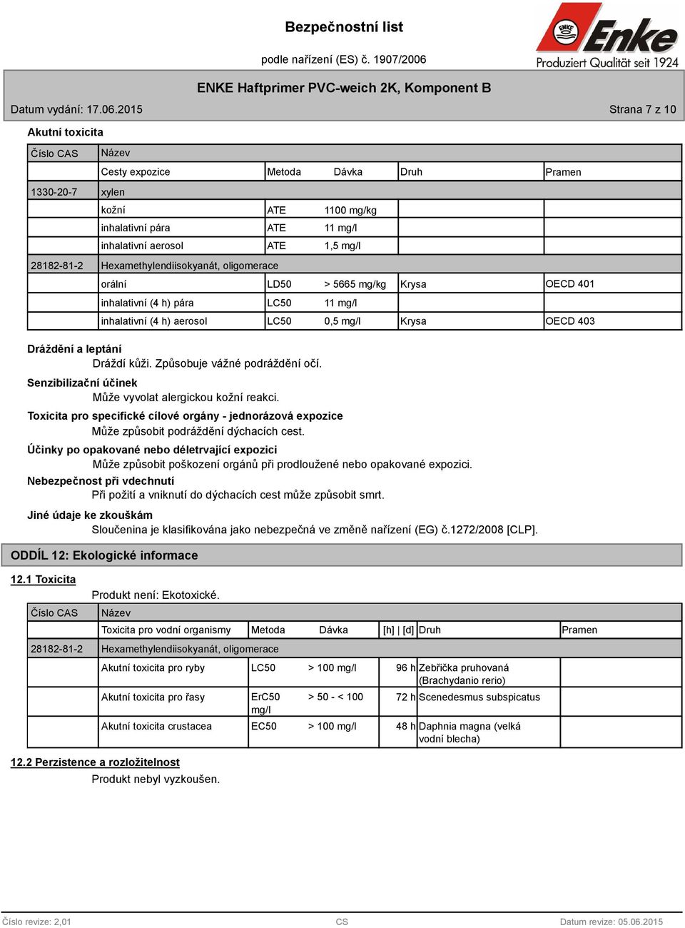 Hexamethylendiisokyanát, oligomerace orální inhalativní (4 h) pára LC50 11 mg/l LD50 > 5665 mg/kg Krysa OECD 401 inhalativní (4 h) aerosol LC50 0,5 mg/l Krysa OECD 403 Dráždění a leptání Dráždí kůži.