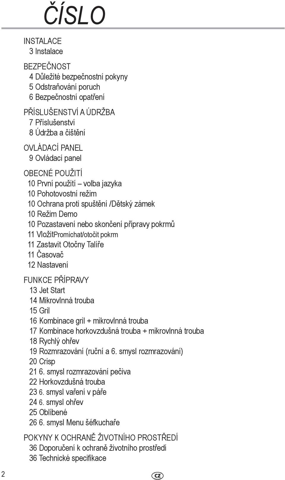 pokrm 11 Zastavit Otočny Talíře 11 Časovač 12 Nastavení FUNKCE PŘÍPRAVY 13 Jet Start 14 Mikrovlnná trouba 15 Gril 16 Kombinace gril + mikrovlnná trouba 17 Kombinace horkovzdušná trouba + mikrovlnná