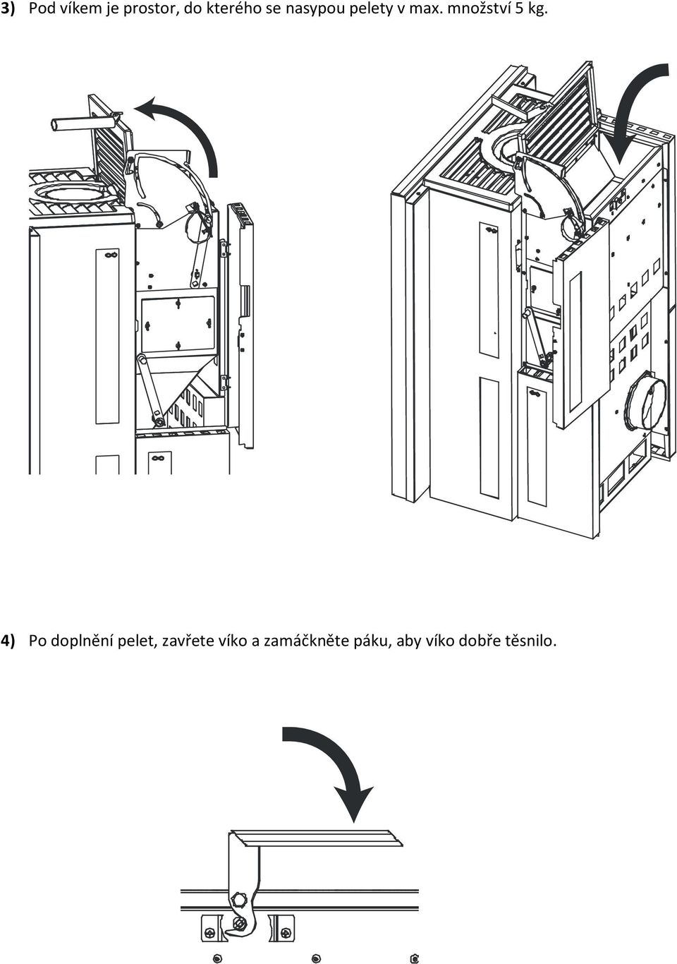 4) Po doplnění pelet, zavřete víko a
