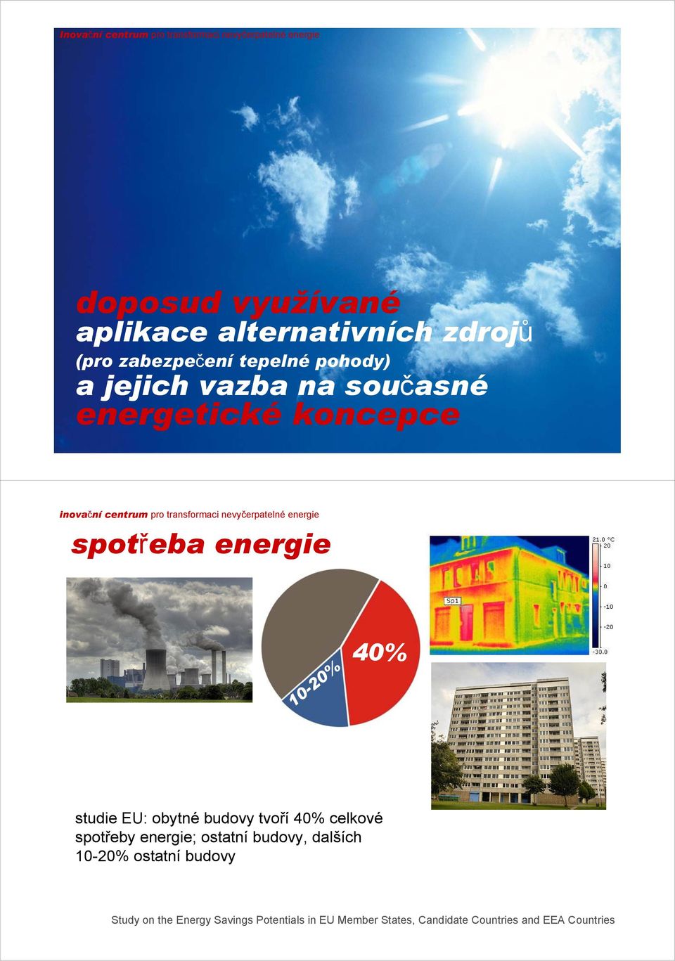 nevyčerpatelné energie spotřeba energie 10-20% 40% studie EU: obytné budovy tvoří 40% celkové spotřeby energie;