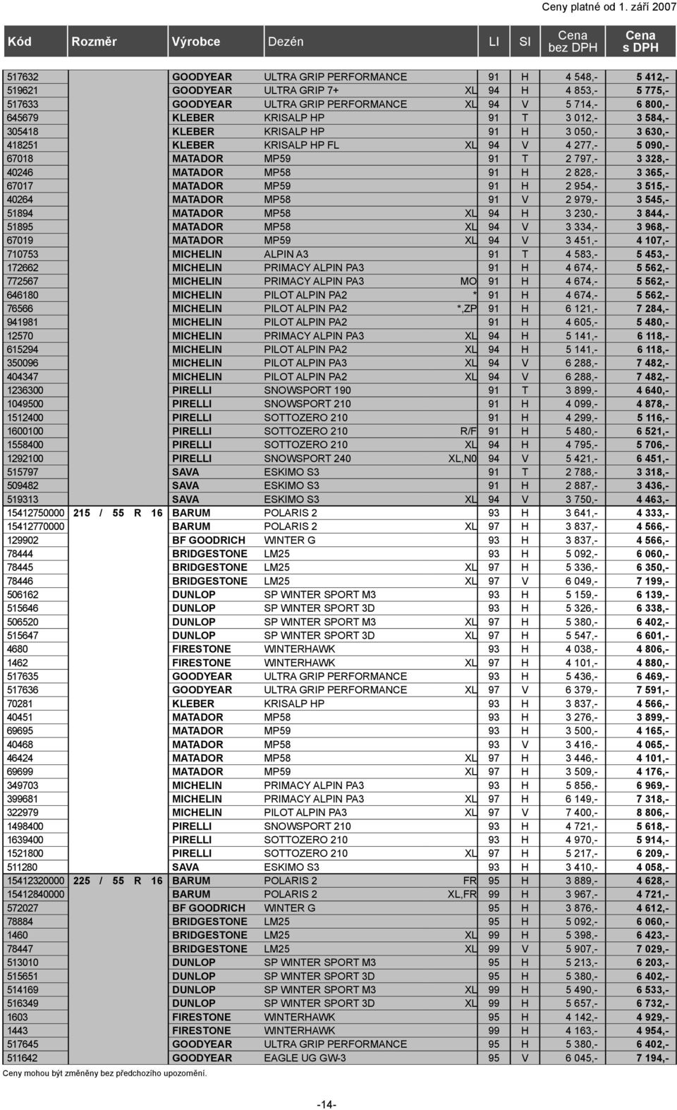 365,- 67017 MATADOR MP59 91 H 2 954,- 3 515,- 40264 MATADOR MP58 91 V 2 979,- 3 545,- 51894 MATADOR MP58 XL 94 H 3 230,- 3 844,- 51895 MATADOR MP58 XL 94 V 3 334,- 3 968,- 67019 MATADOR MP59 XL 94 V