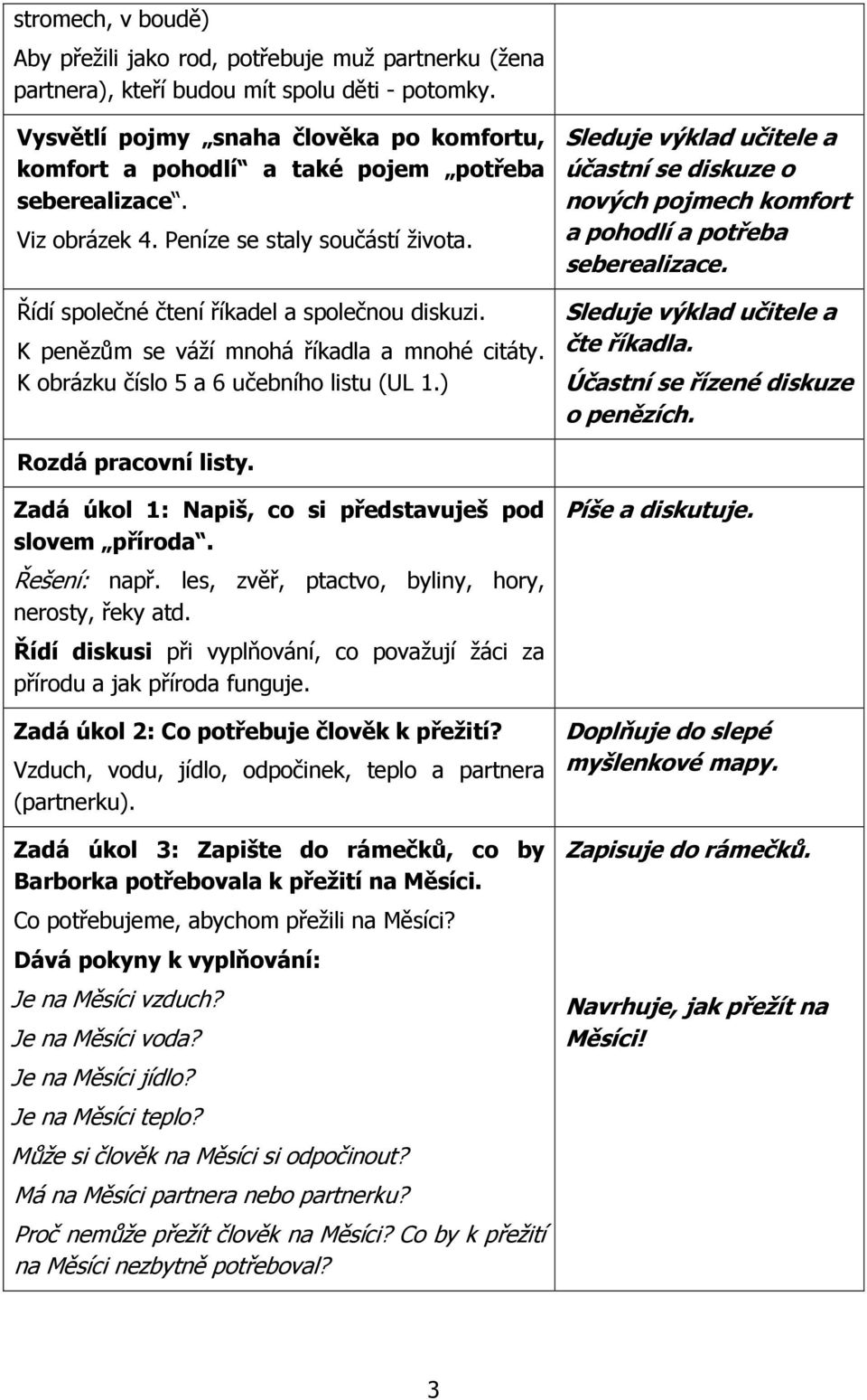 K penězům se váží mnohá říkadla a mnohé citáty. K obrázku číslo 5 a 6 učebního listu (UL 1.) Sleduje výklad učitele a účastní se diskuze o nových pojmech komfort a pohodlí a potřeba seberealizace.