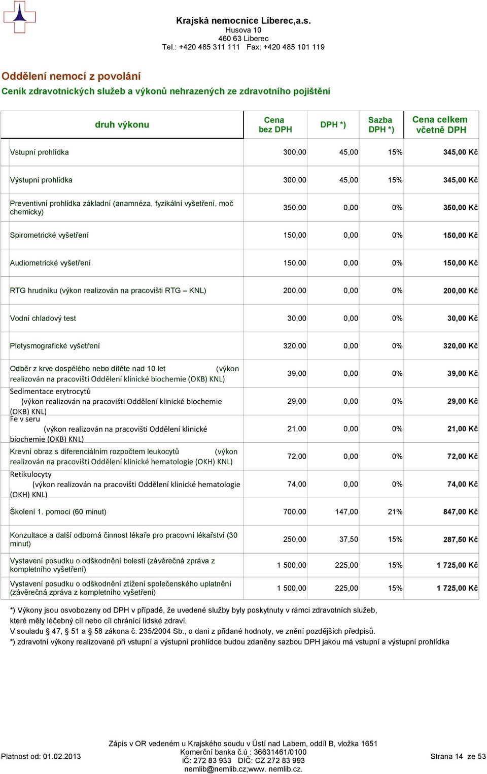 Audiometrické vyšetření 150,00 0,00 0% 150,00 Kč RTG hrudníku (výkon realizován na pracovišti RTG KNL) 200,00 0,00 0% 200,00 Kč Vodní chladový test 30,00 0,00 0% 30,00 Kč Pletysmografické vyšetření