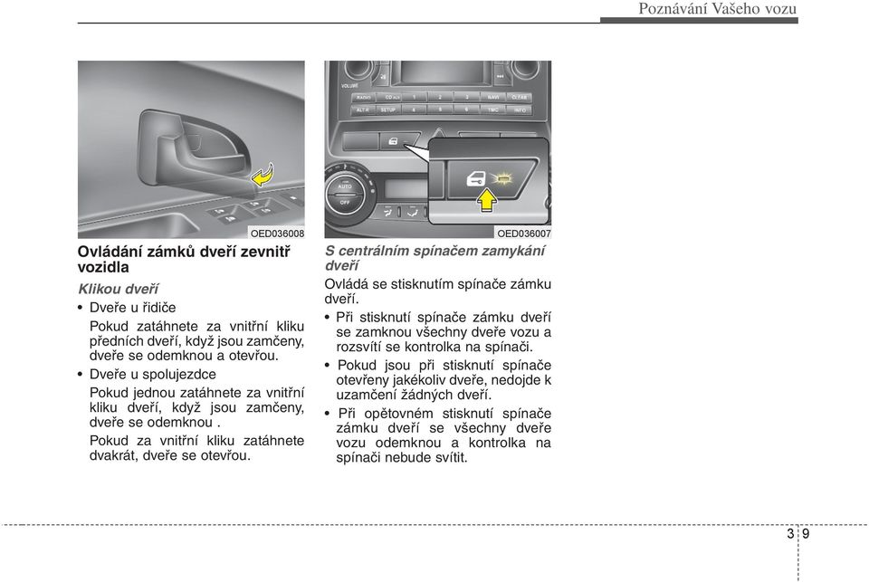 OED036007 S centrálním spínačem zamykání dveří Ovládá se stisknutím spínače zámku dveří. Při stisknutí spínače zámku dveří se zamknou všechny dveře vozu a rozsvítí se kontrolka na spínači.