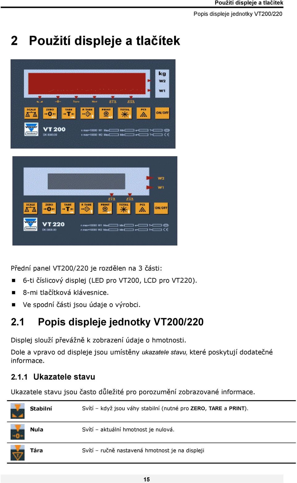 1 Popis displeje jednotky VT200/220 Displej slouží převážně k zobrazení údaje o hmotnosti.