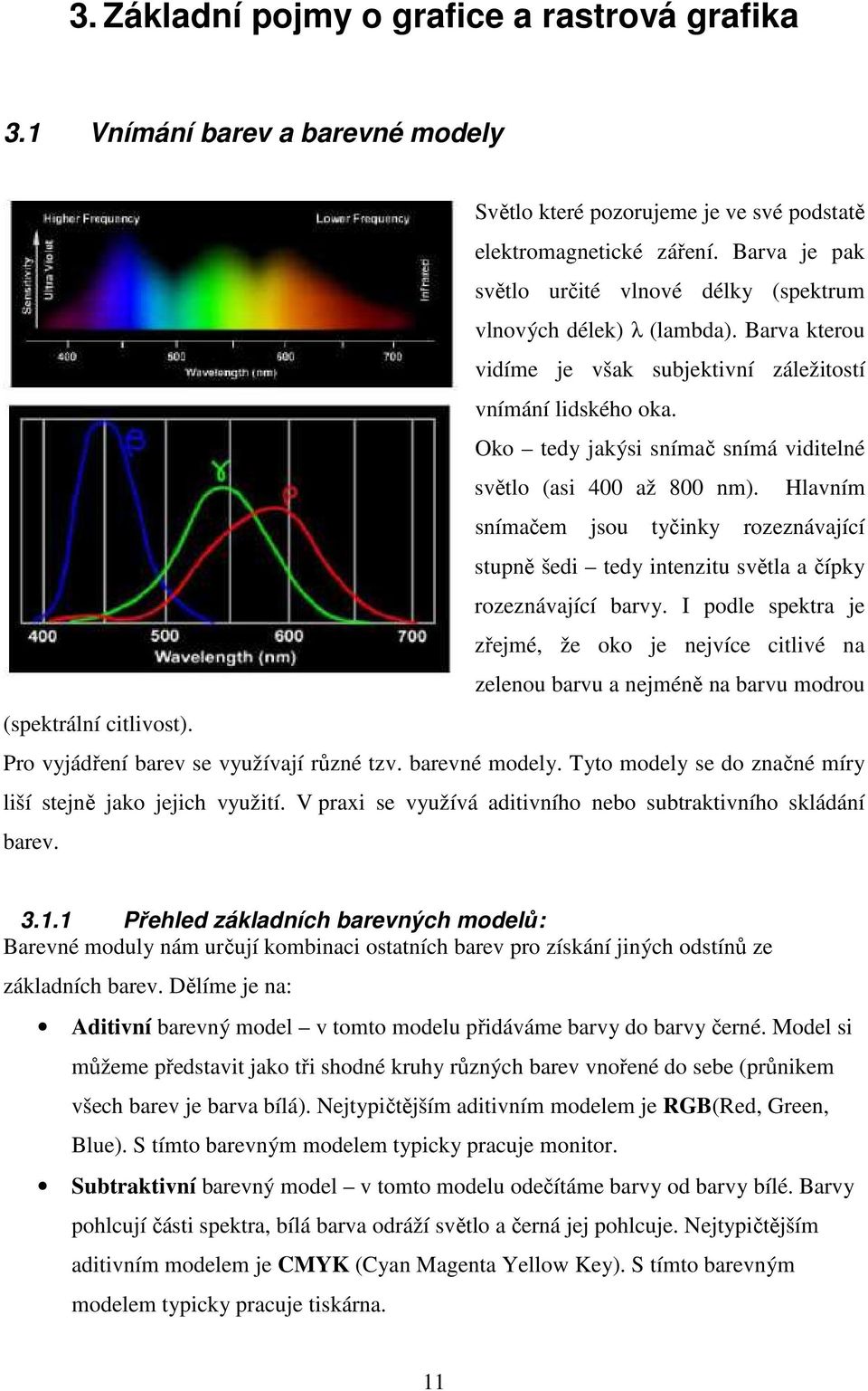 Oko tedy jakýsi snímač snímá viditelné světlo (asi 400 až 800 nm). Hlavním snímačem jsou tyčinky rozeznávající stupně šedi tedy intenzitu světla a čípky rozeznávající barvy.