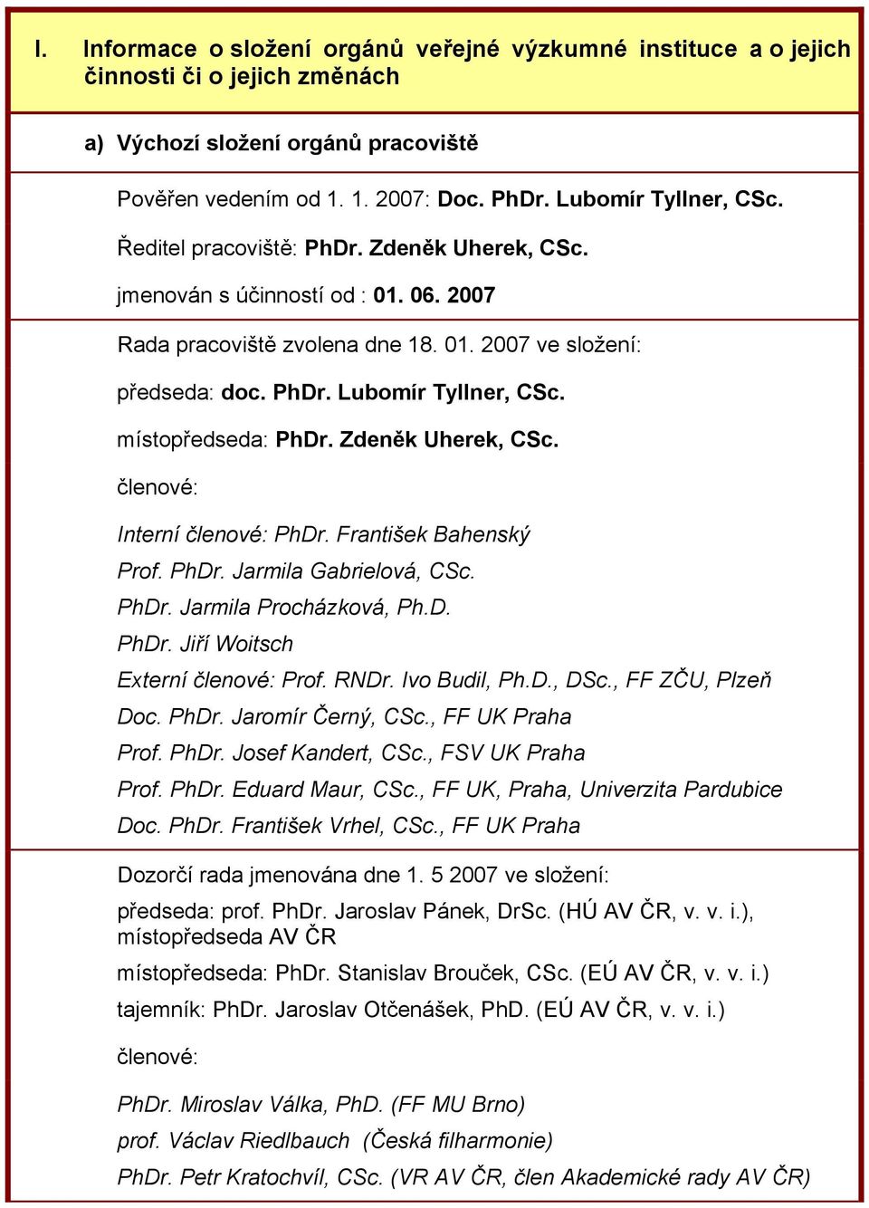 místopředseda: PhDr. Zdeněk Uherek, CSc. členové: Interní členové: PhDr. František Bahenský Prof. PhDr. Jarmila Gabrielová, CSc. PhDr. Jarmila Procházková, Ph.D. PhDr. Jiří Woitsch Externí členové: Prof.