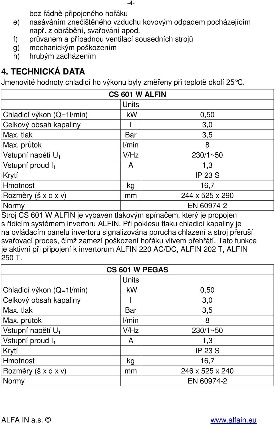 CS 601 W ALFIN Units Chladicí výkon (Q=1l/min) kw 0,50 Celkový obsah kapaliny l 3,0 Max. tlak Bar 3,5 Max.
