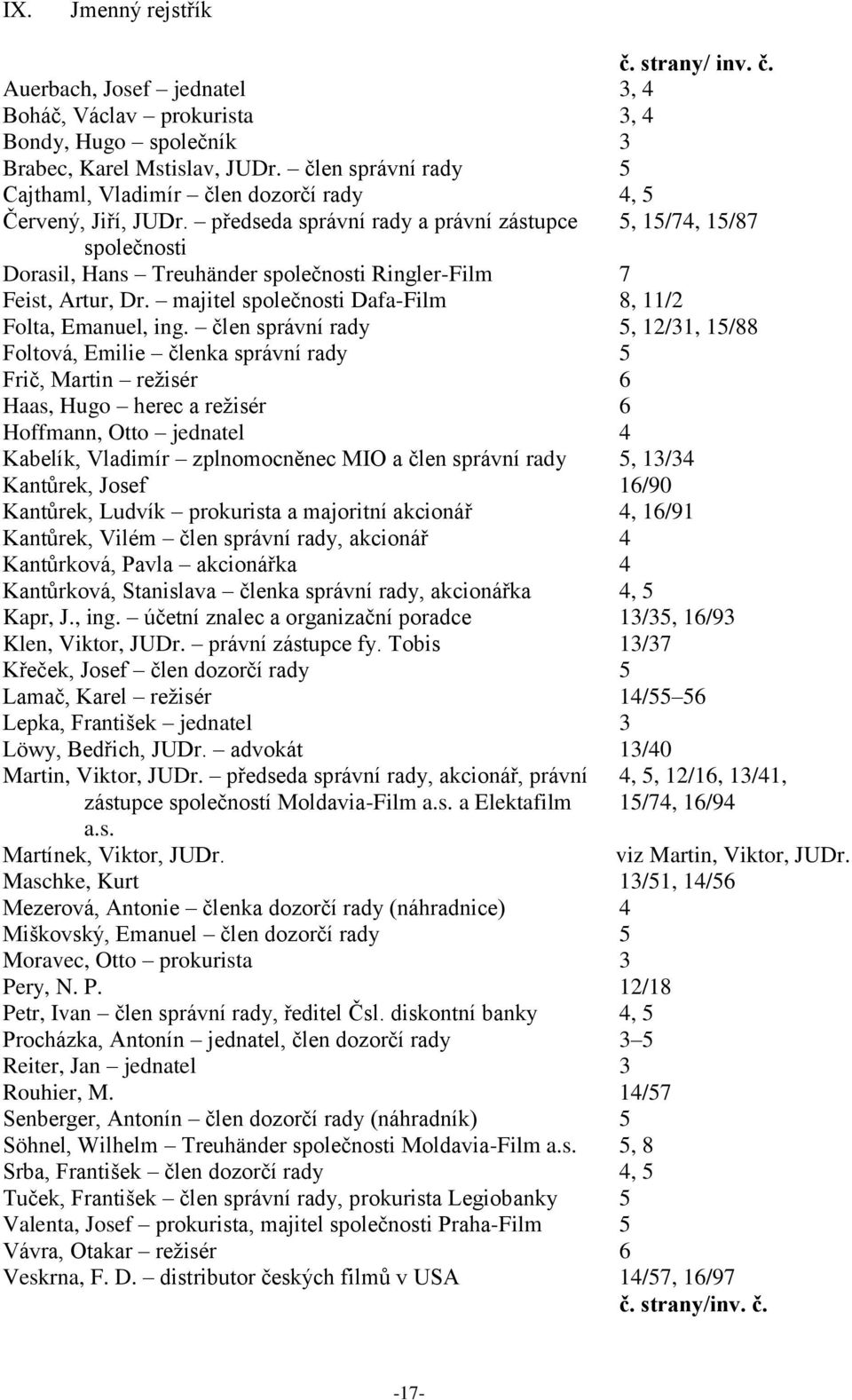předseda správní rady a právní zástupce 5, 15/74, 15/87 společnosti Dorasil, Hans Treuhänder společnosti Ringler-Film 7 Feist, Artur, Dr. majitel společnosti Dafa-Film 8, 11/2 Folta, Emanuel, ing.