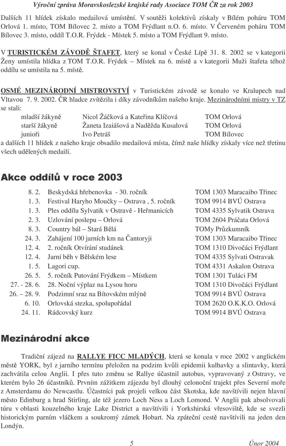 míst a v kategorii Muži štafeta téhož oddílu se umístila na 5. míst. OSMÉ MEZINÁRODNÍ MISTROVSTVÍ v Turistickém závod se konalo ve Kralupech nad Vltavou 7. 9. 2002.