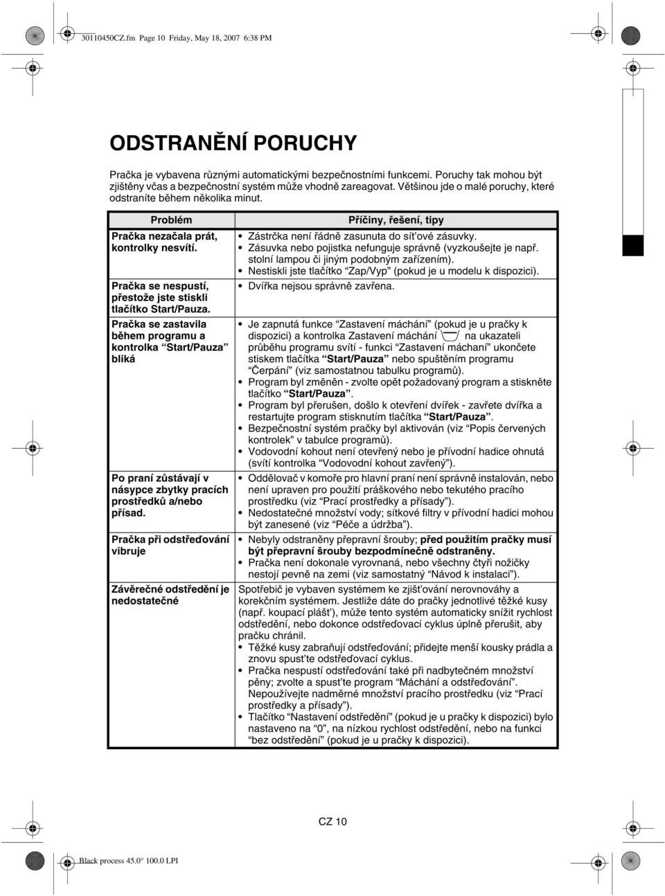 Pračka se nespustí, přestože jste stiskli tlačítko Start/Pauza. Pračka se zastavila během programu a kontrolka Start/Pauza bliká Po praní zůstávají v násypce zbytky pracích prostředků a/nebo přísad.