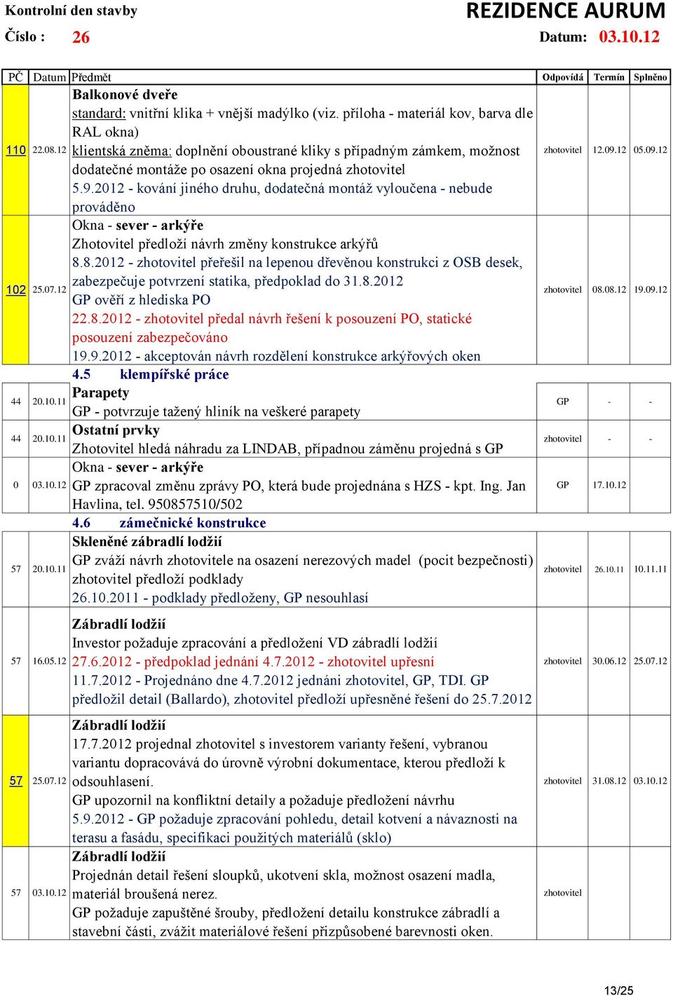 2012 - kování jiného druhu, dodatečná montáž vyloučena - nebude prováděno Okna - sever - arkýře Zhotovitel předloží návrh změny konstrukce arkýřů 8.