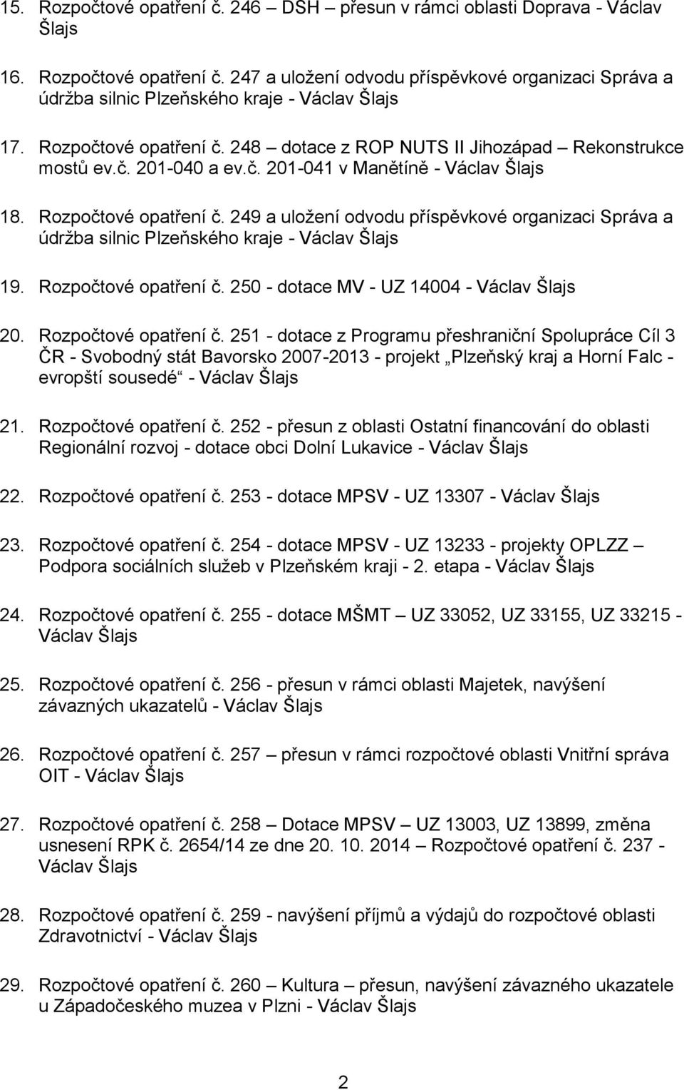 249 a uložení odvodu příspěvkové organizaci Správa a údržba silnic Plzeňského kraje - Václav Šlajs 19. Rozpočtové opatření č.