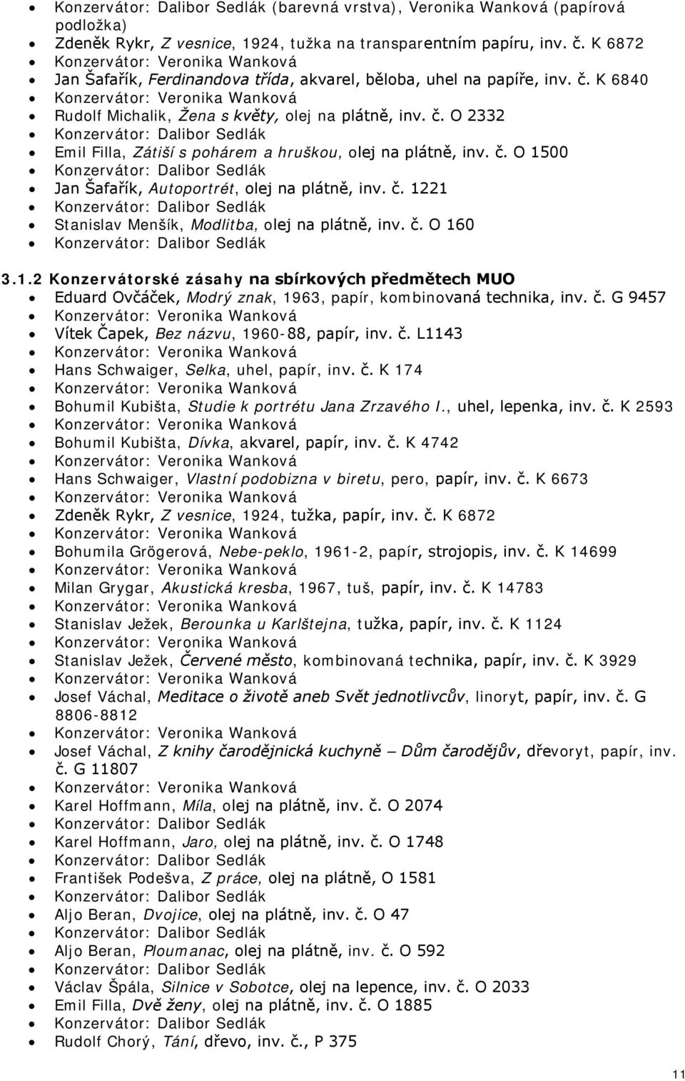 č. O 1500 Jan Šafařík, Autoportrét, olej na plátně, inv. č. 1221 Stanislav Menšík, Modlitba, olej na plátně, inv. č. O 160 3.1.2 Konzervátorské zásahy na sbírkových předmětech MUO Eduard Ovčáček, Modrý znak, 1963, papír, kombinovaná technika, inv.