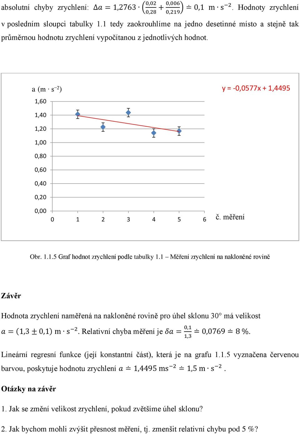 a (m s 2 ) 1,60 y = -0,0577x + 1,4495 1,40 1,20 1,00 0,80 0,60 0,40 0,20 0,00 0 1 2 3 4 5 6 č. měření Obr. 1.1.5 Graf hodnot zrychlení podle tabulky 1.