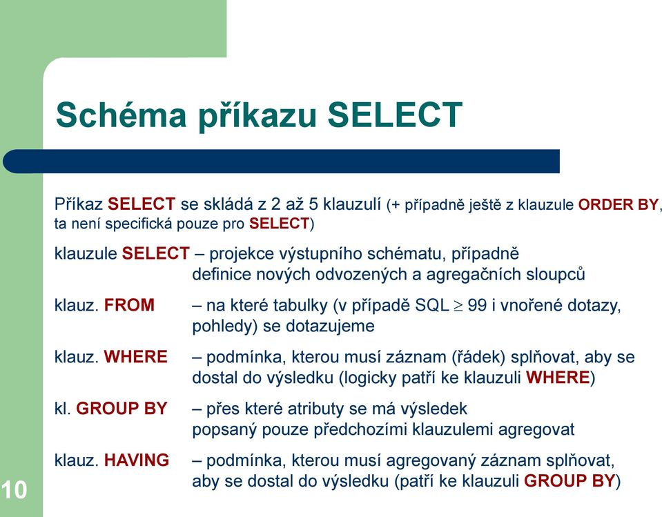 FROM na které tabulky (v případě SQL 99 i vnořené dotazy, pohledy) se dotazujeme 10 klauz. WHERE kl. GROUP BY klauz.