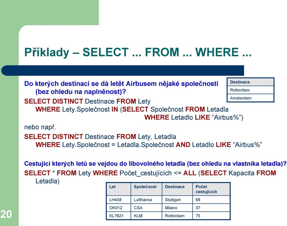 Společnost = Letadla.Společnost AND Letadlo LIKE Airbus% 20 Cestující kterých letů se vejdou do libovolného letadla (bez ohledu na vlastníka letadla)?