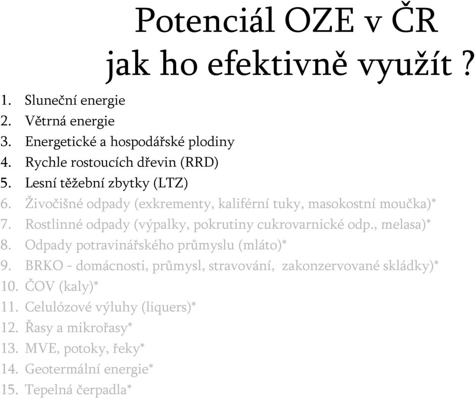 Rostlinné odpady (výpalky, pokrutiny cukrovarnické odp., melasa)* 8. Odpady potravinářského průmyslu (mláto)* 9.