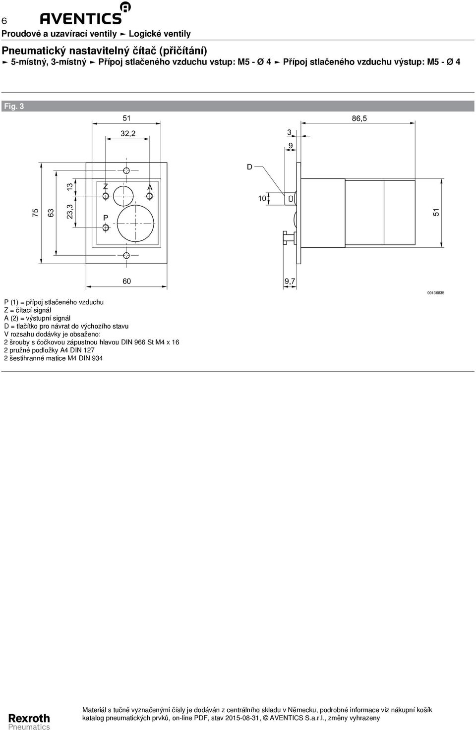 86,5 2,2 9 D 75 6 2, 1 Z P A 10 60 9,7 P (1) = přípoj stlačeného vzduchu A (2) = výstupní signál D =