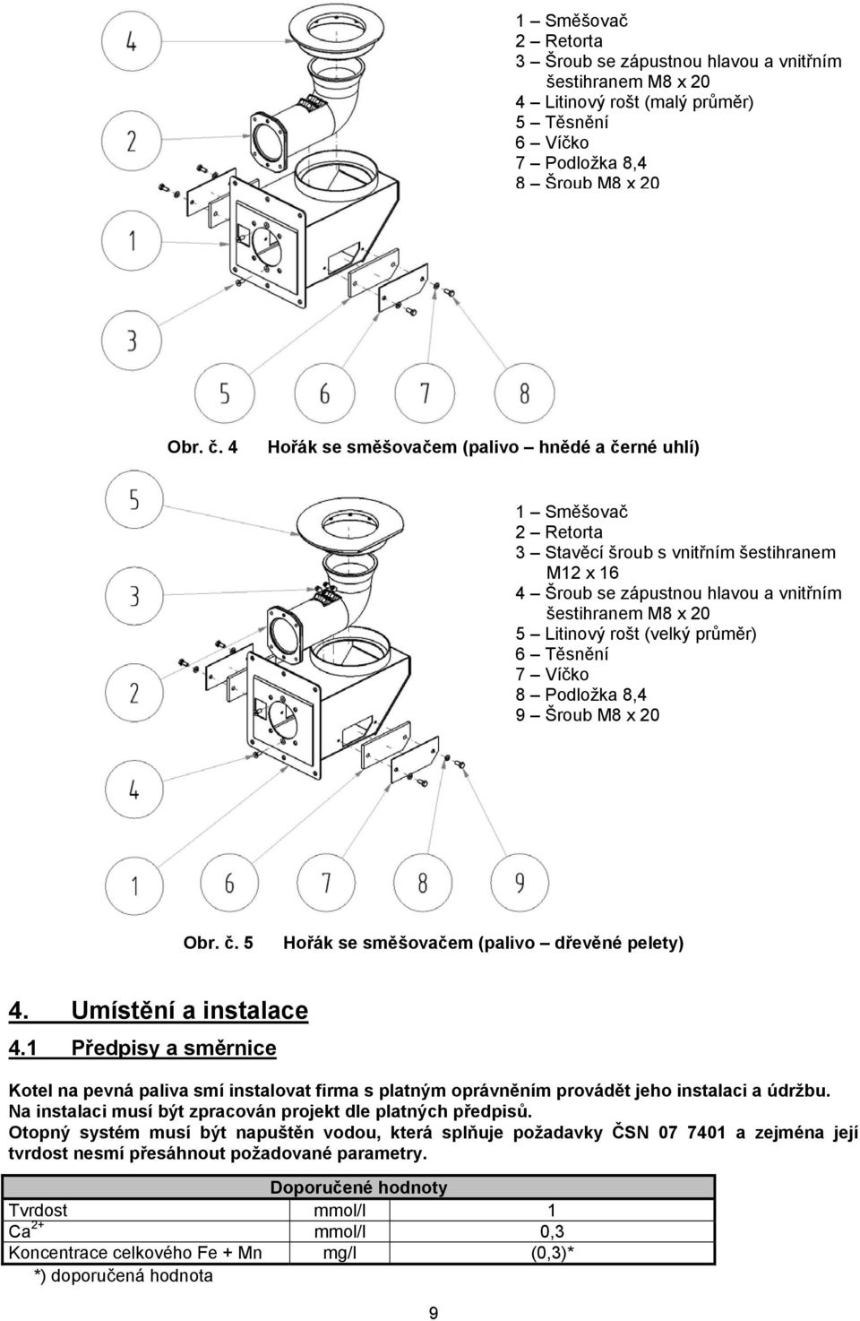 (velký průměr) 6 Těsnění 7 Víčko 8 Podložka 8,4 9 Šroub M8 x 20 Obr. č. 5 Hořák se směšovačem (palivo dřevěné pelety) 4. Umístění a instalace 4.