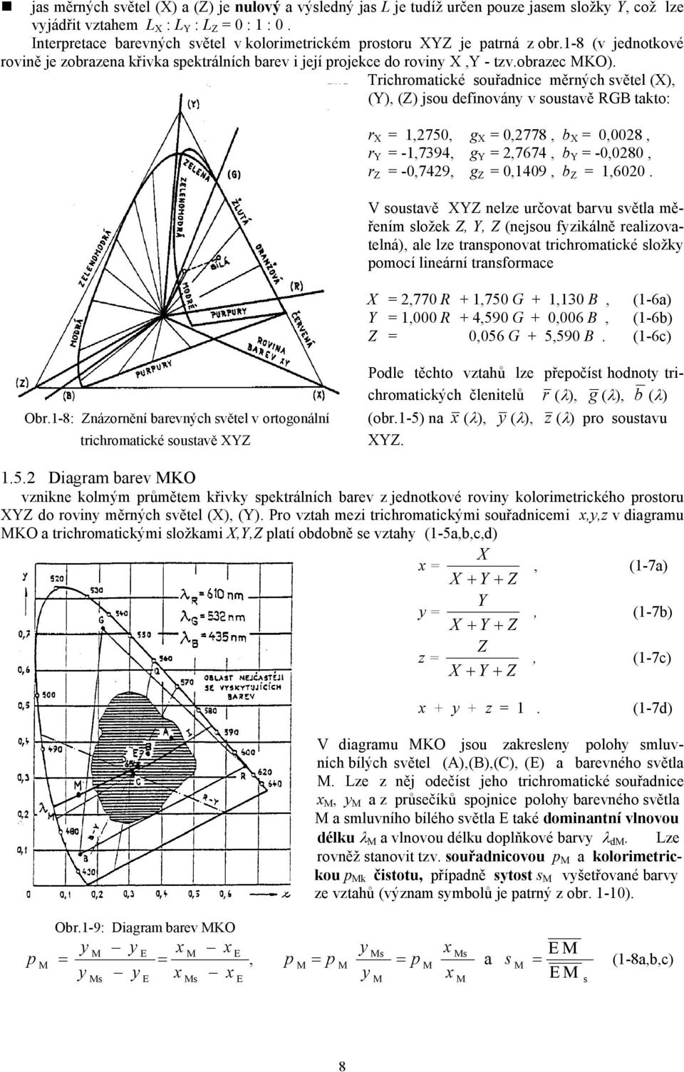 Trichromatické souřadnice měrných světel (X), (Y), (Z) jsou definovány v soustavě RGB takto: r X = 1,2750, g X = 0,2778, b X = 0,0028, r Y = -1,7394, g Y = 2,7674, b Y = -0,0280, r Z = -0,7429, g Z =